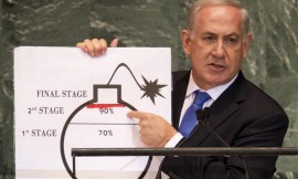 Netanyahu, giving a speech at the UN, warning of a nuclear Iran. Photo: Wikipedia