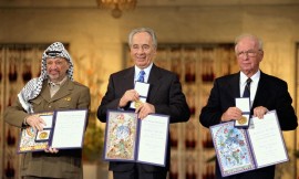 (right to left) Yitzhak Rabin, Shimon Peres and Yasser Arafat receiving the Nobel Peace Prize following the Oslo Accords. Photo: Wikipedia